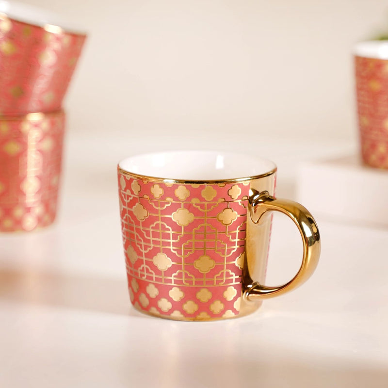 Emirati Gold Teacup Set of 6 Coral Pink 280ml - Coffee mugs, ceramic mug set, coffee mug set, printed coffee mugs, metallic mugs