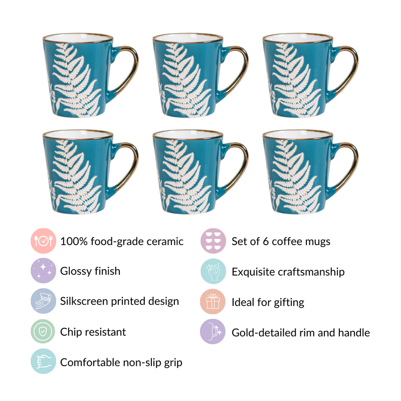 Chai Tea Latte Mug Set of 6 Teal 200ml - Tea cups, tea cup set, ceramic tea cups, printed tea cups, tea cup set of 6