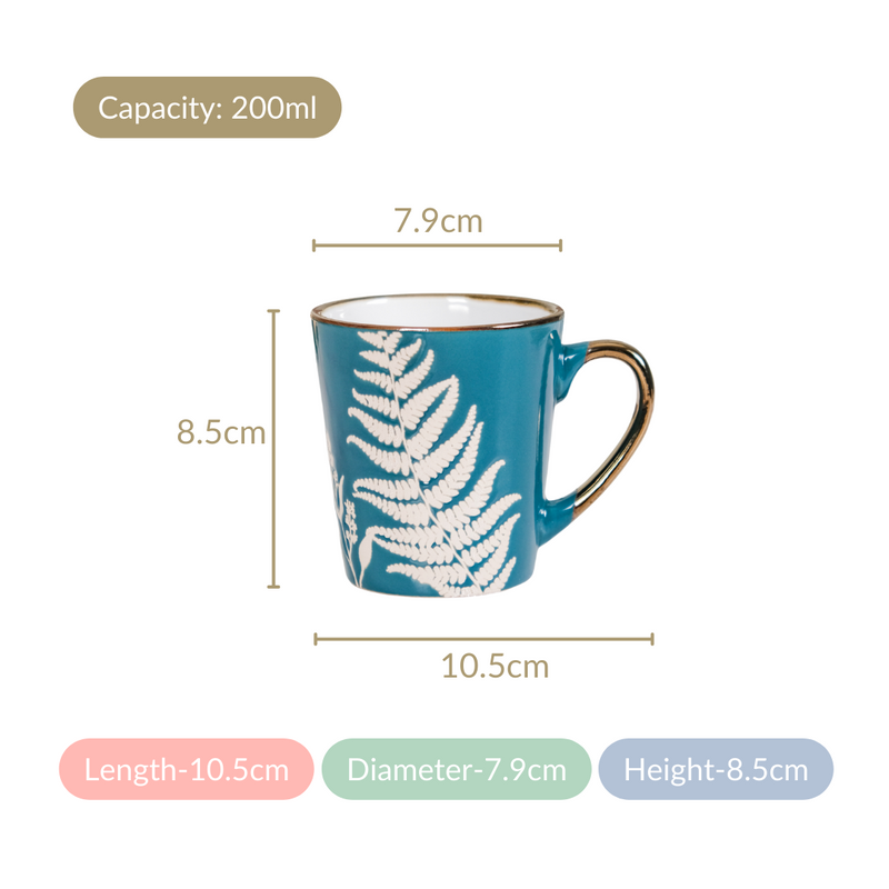 Chai Tea Latte Mug Set of 6 Teal 200ml - Tea cups, tea cup set, ceramic tea cups, printed tea cups, tea cup set of 6