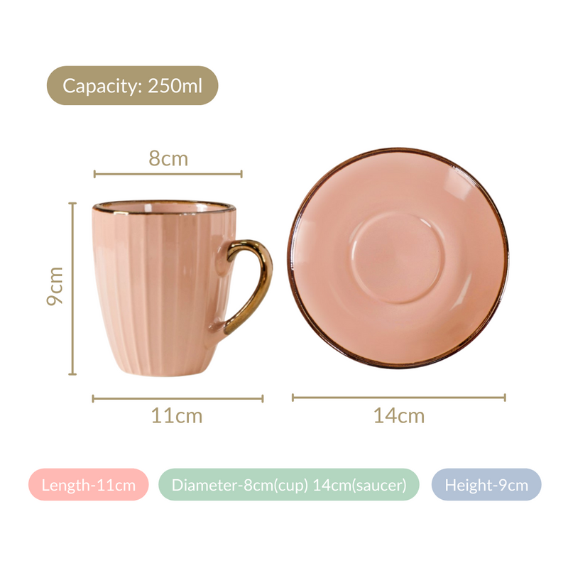 Nori Cup and Saucer Set Of 6 Champagne Pink 250ml - Tea cup set, tea cups, coffee cups, ceramic tea cups, cups and saucers, cup and saucer set