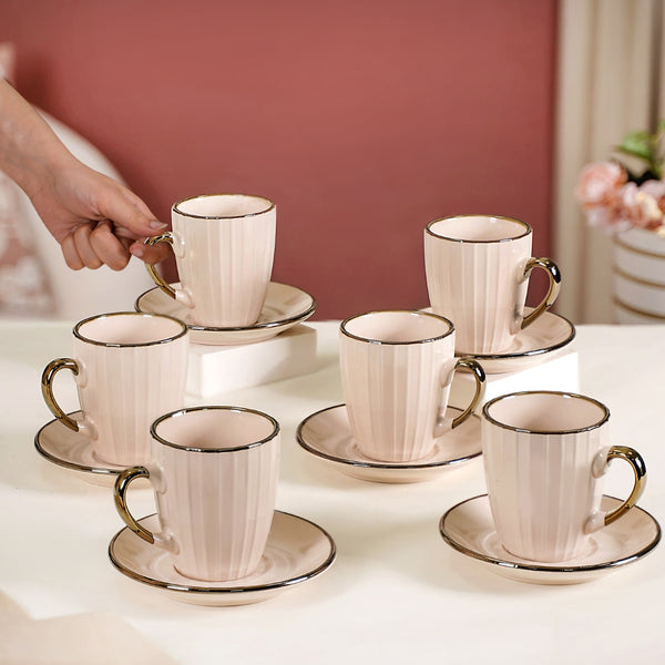 Textured Ceramic Cup And Saucer Set Of 6 Pink 250ml