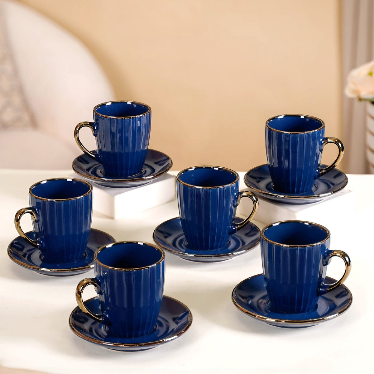 Nori Cup And Saucer Set Of 6 Blue With Gold Detail 250ml Online