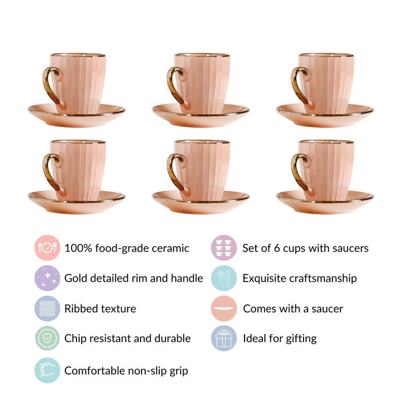 Nori Cup and Saucer Set Of 6 Champagne Pink 250ml - Tea cup set, tea cups, coffee cups, ceramic tea cups, cups and saucers, cup and saucer set