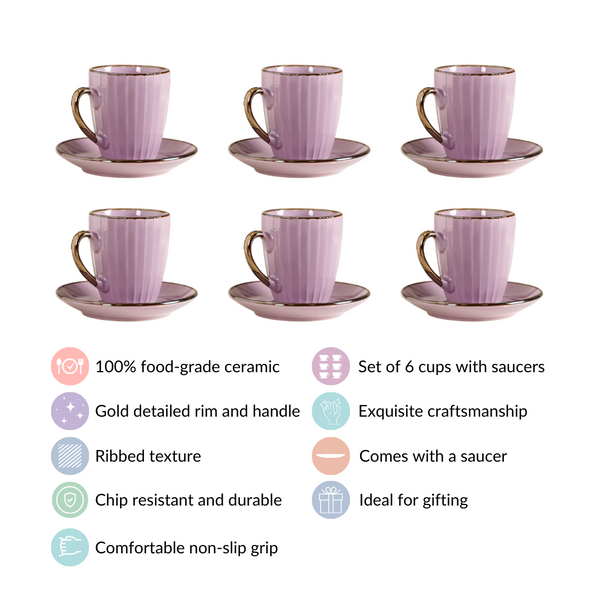 Purple Ribbed Coffee Cup And Saucer Set Of 6 250ml