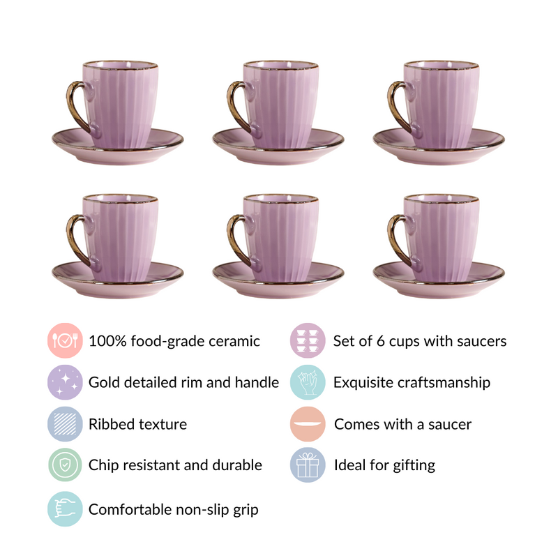 Nori Lined Tea Cup And Saucer Set Of 6 Lavender 250ml - Tea cup set, tea cups, coffee cups, ceramic tea cups, cups and saucers, cup and saucer set