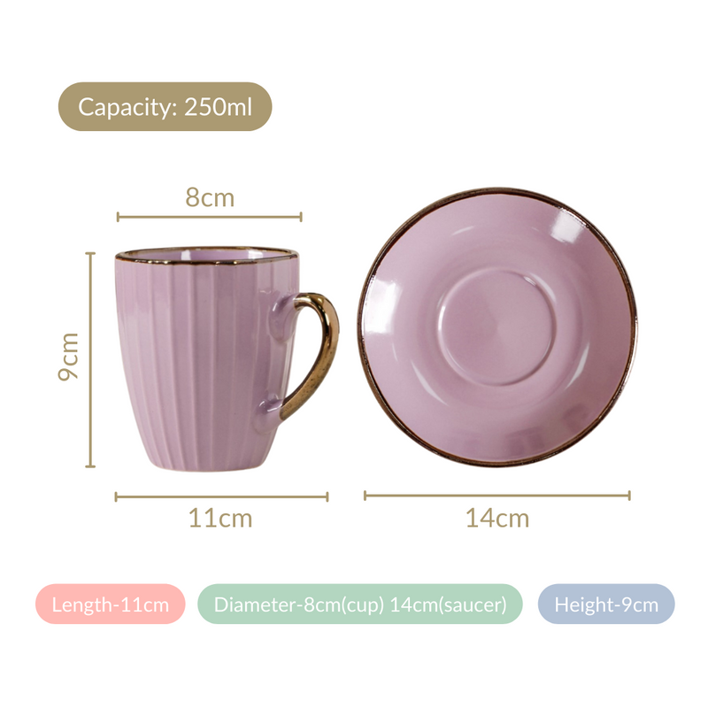 Nori Lined Tea Cup And Saucer Set Of 6 Lavender 250ml - Tea cup set, tea cups, coffee cups, ceramic tea cups, cups and saucers, cup and saucer set