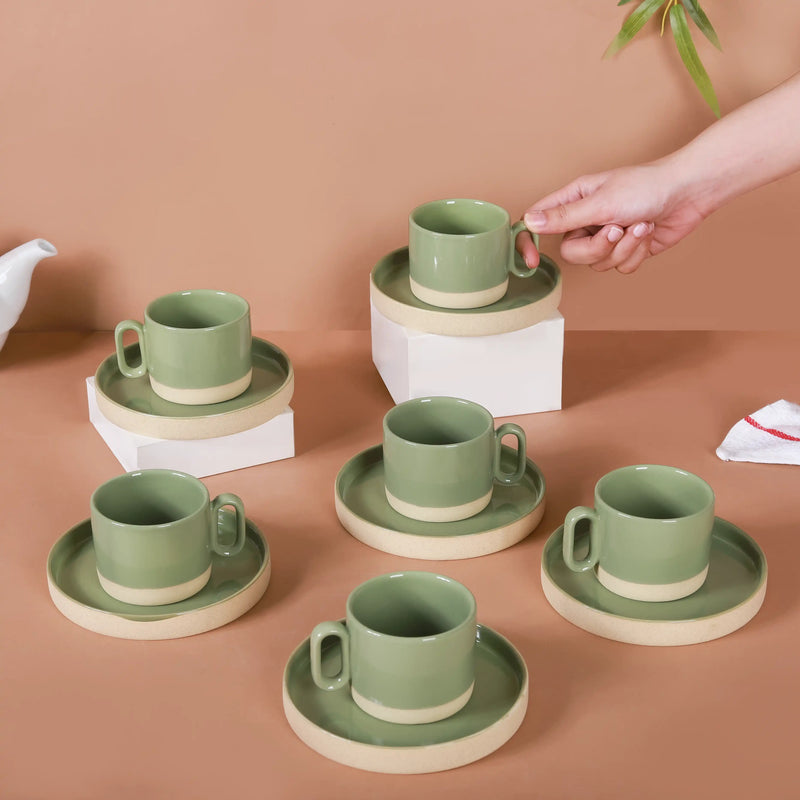 Earthy Clay Cup And Saucer Set Of 6 Sage Green 100ml - Tea cup set, tea cups, coffee cups, ceramic tea cups, cups and saucers, cup and saucer set