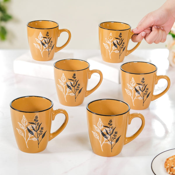 Leaf Printed Coffee Mug Set of 6 Mustard 250ml