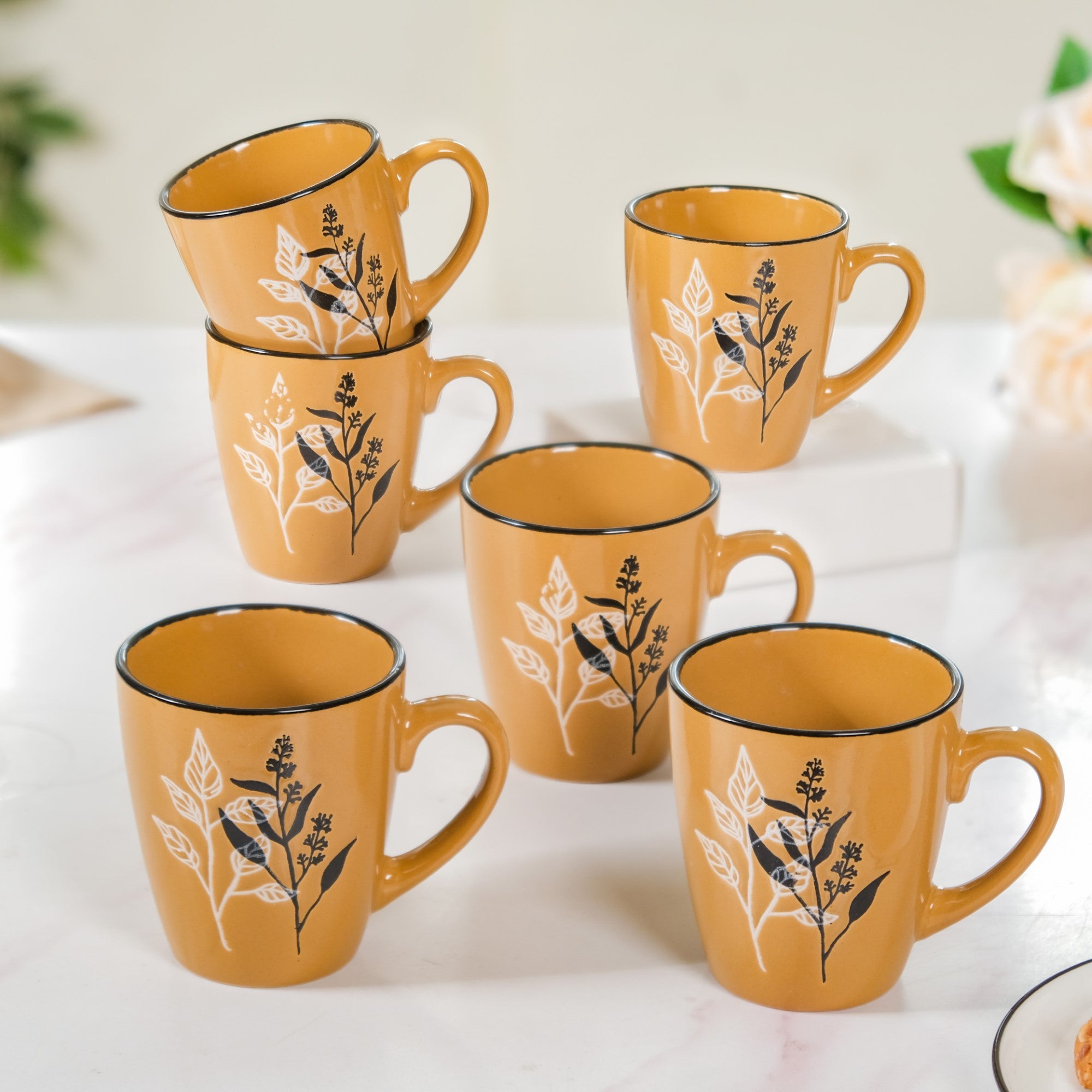 Filter Coffee Mug Set of 6 Mustard Ochre 250ml - Coffee mugs, coffee mug set, ceramic coffee mugs, printed coffee mugs