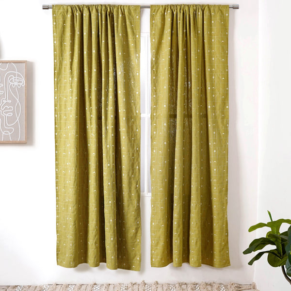 Set Of 2 Moss Green Embroidered Full Length Curtain 84x54 Inch