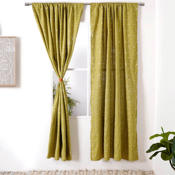 Set Of 2 Moss Green Embroidered Full Length Curtain 84x54 Inch