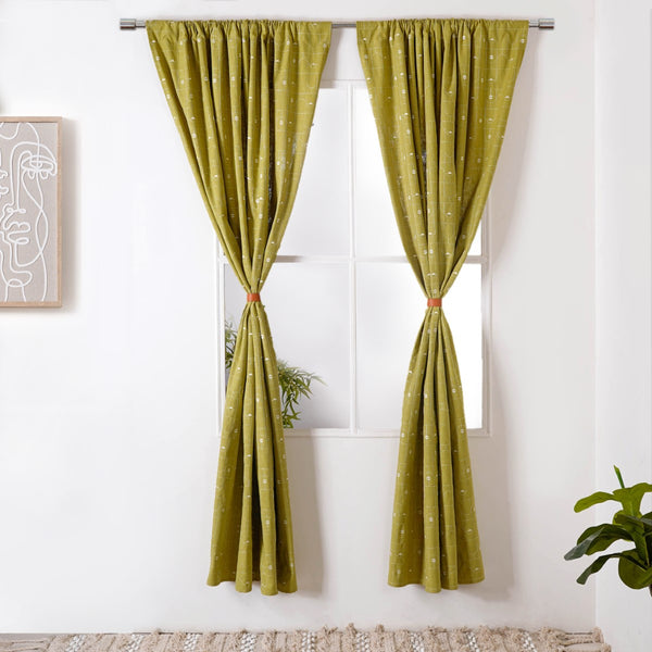 Set Of 2 Moss Green Full Length Curtain 7x4.5 Feet