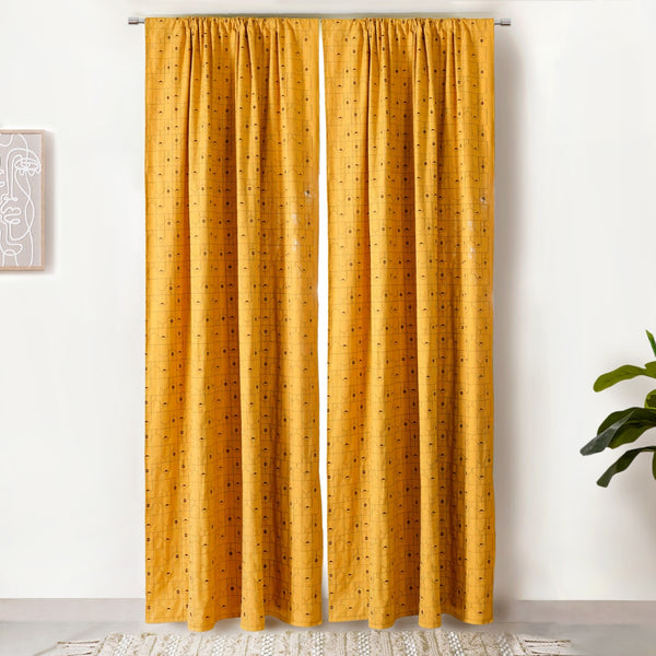 Set Of 2 Mustard Yellow Embroidered Divider Curtain 108x54 Inch