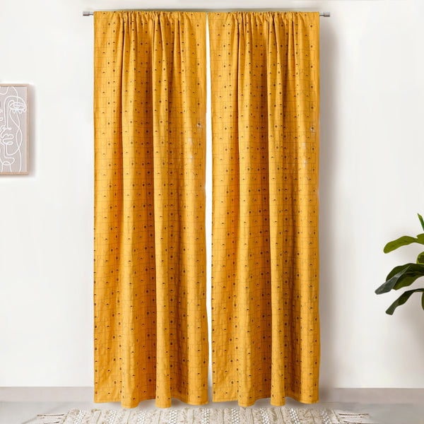 Set Of 2 Mustard Yellow Embroidered Long Curtain 108x54 Inch