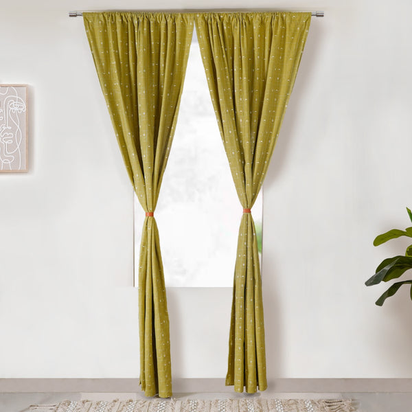 Embroidered Linen Cotton Curtain Set Of 2 Olive Green 108x54 Inch