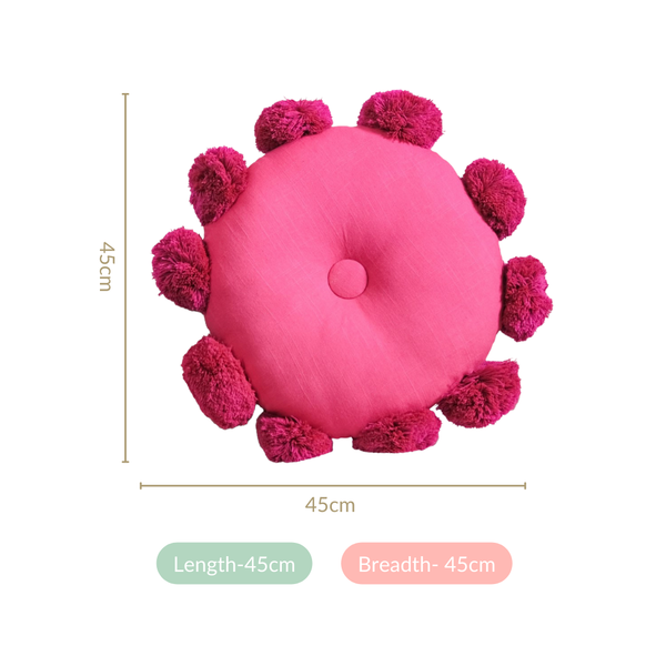 Pink Round Cushion With Pom Poms 17 Inch