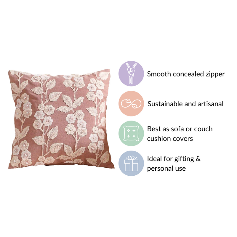 Cotton Cushion Cover With Threadwork Pink 16x16 Inch