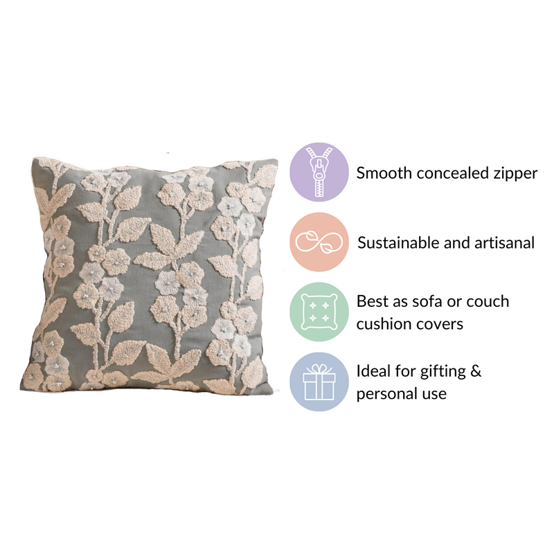 Floral Threadwork Cushion Cover Grey 16x16 Inch