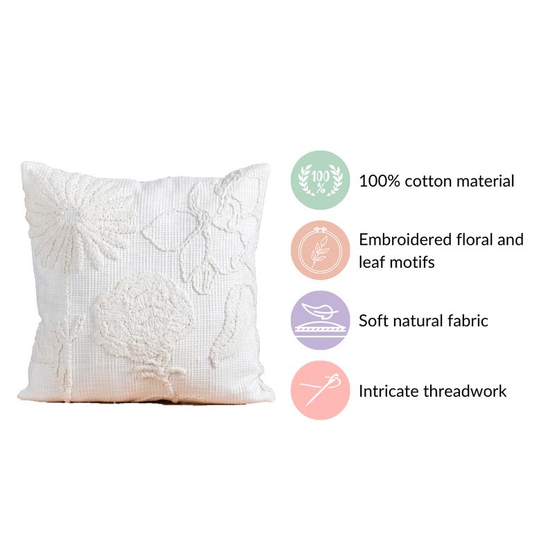 Embroidered Cushion Cover For Home Off-White 16x16 Inch