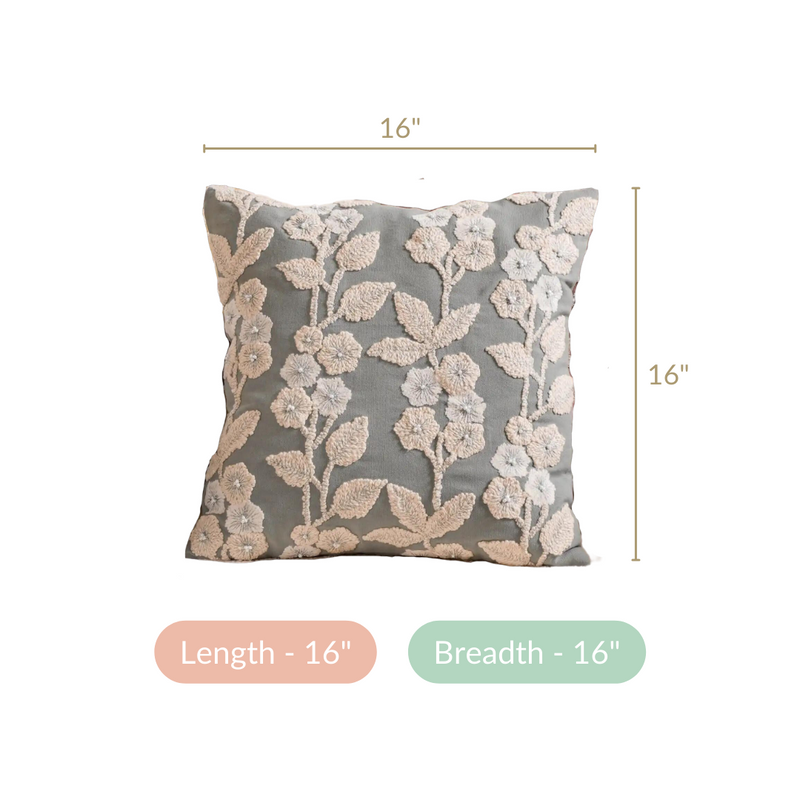 Floral Threadwork Cushion Cover Grey 16x16 Inch