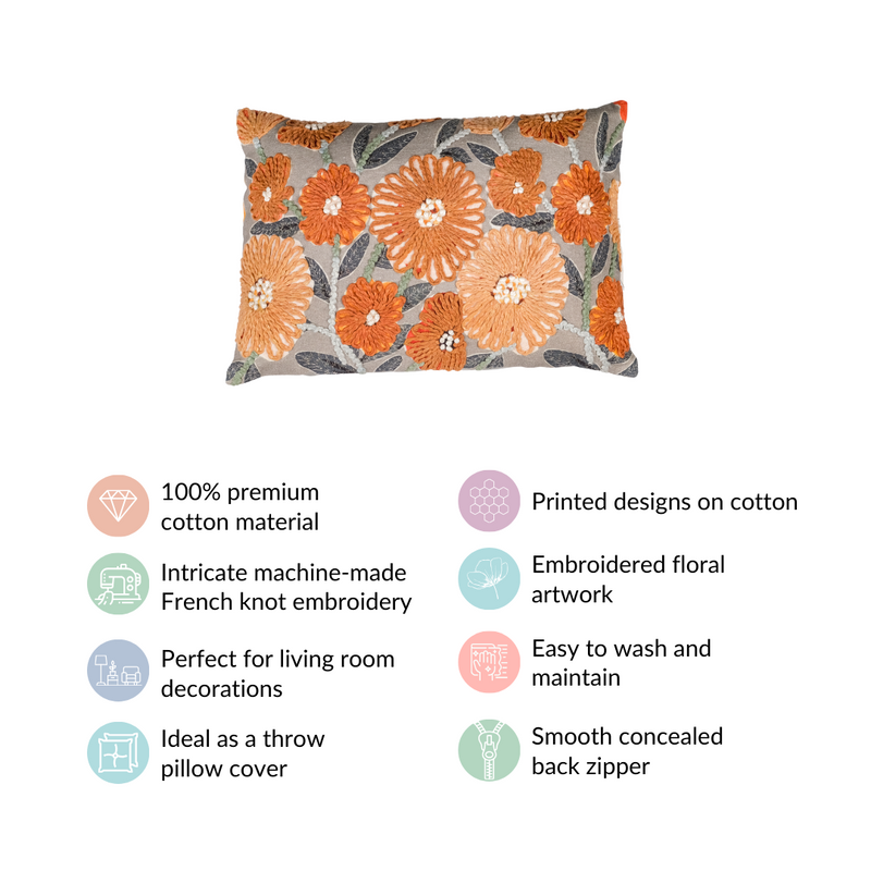 French Knot Embroidered Floral Cushion Cover 20x14 Inch