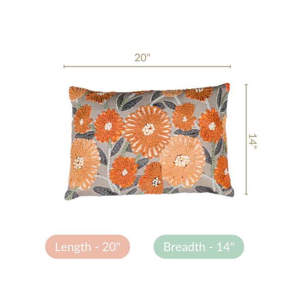 French Knot Embroidered Floral Cushion Cover 20x14 Inch