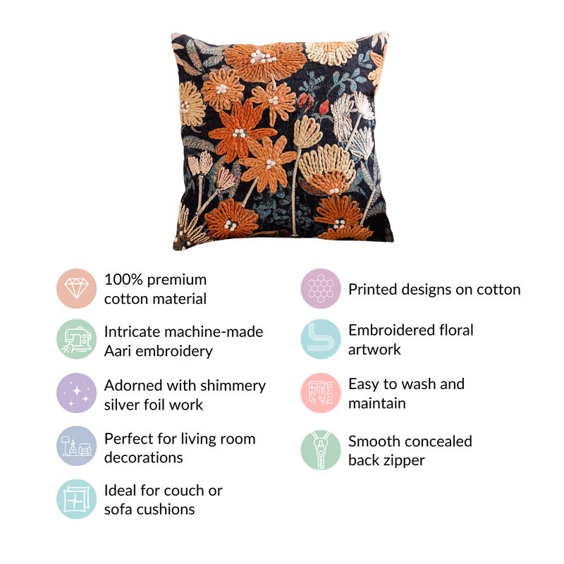 Embroidery on Print Floral Cushion Cover 16x16 Inch