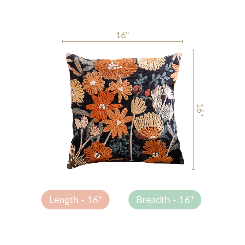 Embroidery on Print Floral Cushion Cover 16x16 Inch