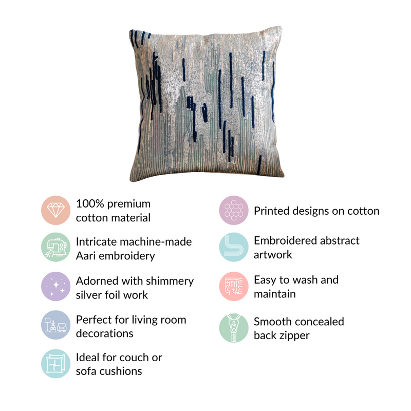 Silver Foil Abstract Embroidered Cushion Cover 16x16 Inch