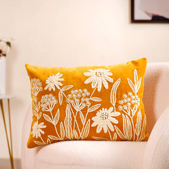 Yellow Spring Summer Embroidered Velvet Cushion Cover 20x14 Inch