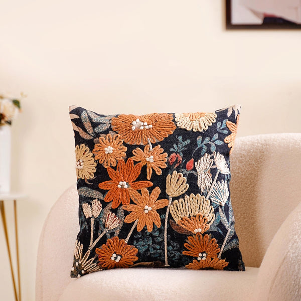 Embroidery on Print Floral Cushion Cover 16x16 Inch