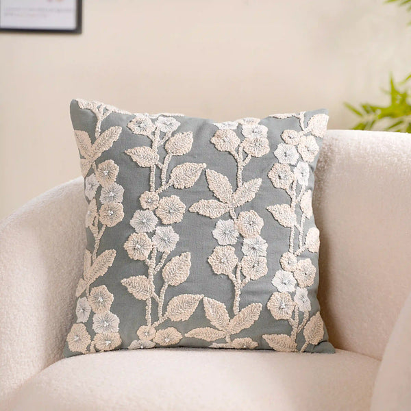 Floral Threadwork Cushion Cover Grey 16x16 Inch