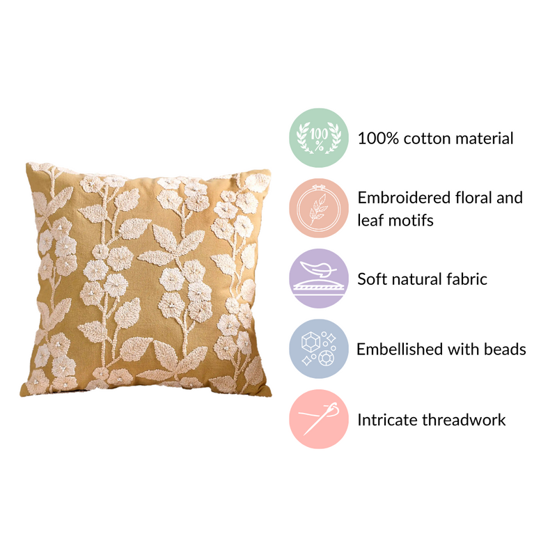Threadwork Cotton Cushion Cover Yellow 16x16 Inch