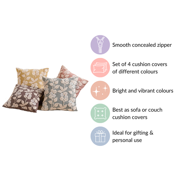 Set Of 4 Colourful Floral Embroidered Cushion Cover 16x16 Inch