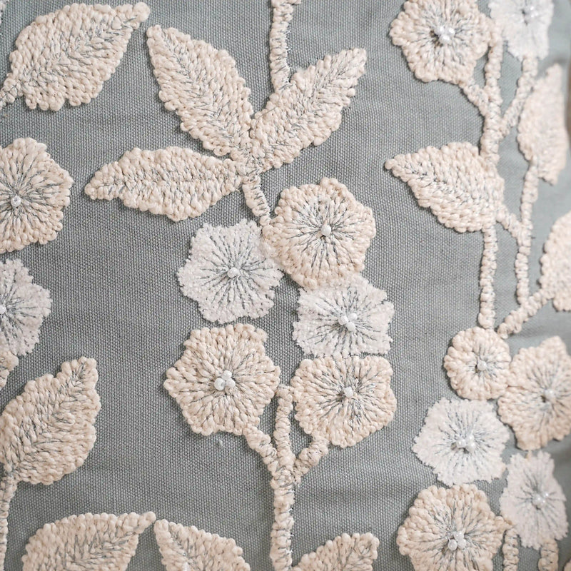 Floral Threadwork Cushion Cover Grey 16x16 Inch