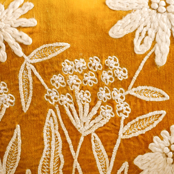 Yellow Spring Summer Embroidered Velvet Cushion Cover 20x14 Inch
