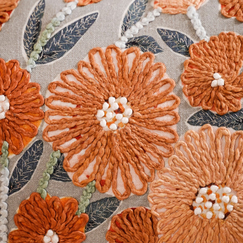 French Knot Embroidered Floral Cushion Cover 20x14 Inch