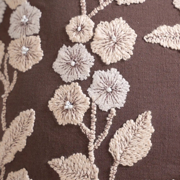 Floral Beadwork Cushion Cover Purplish Brown 16x16 Inch