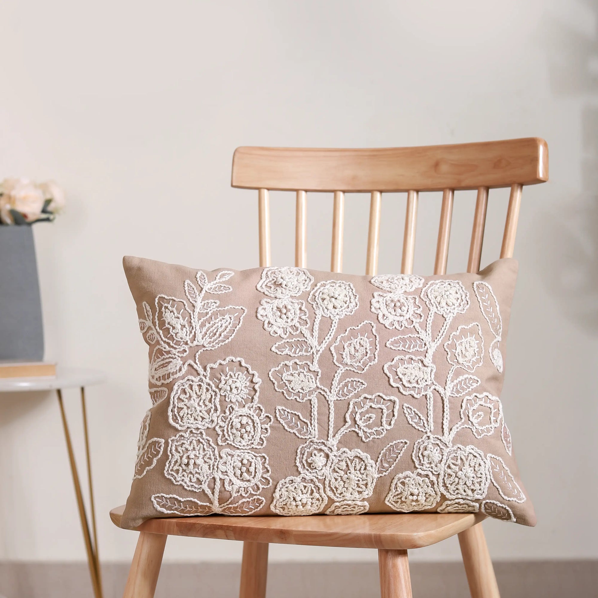 Floral Embroidered Throw Pillow Cover Beige 20x14 Inch Online
