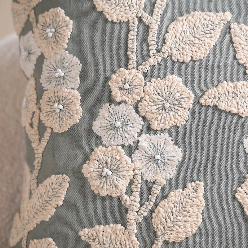 Floral Threadwork Cushion Cover Grey 16x16 Inch