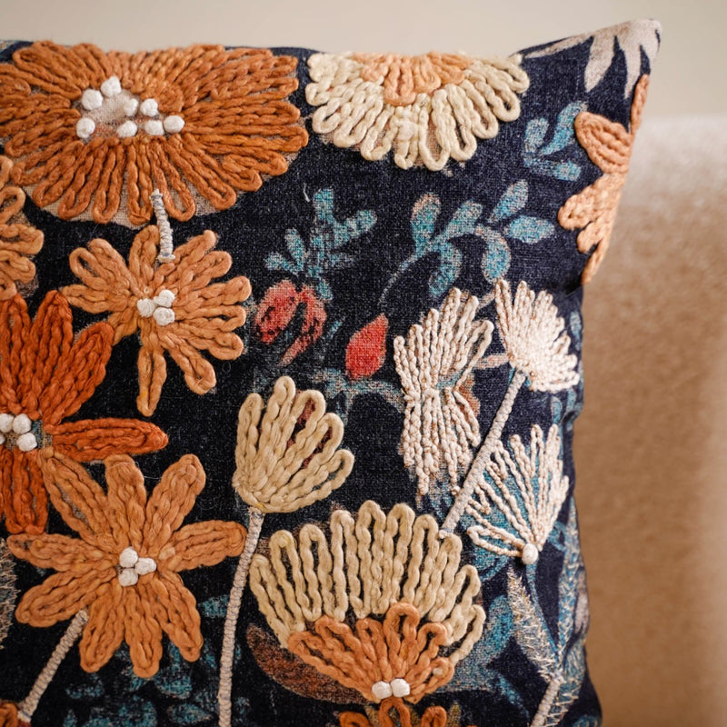 Embroidery on Print Floral Cushion Cover 16x16 Inch