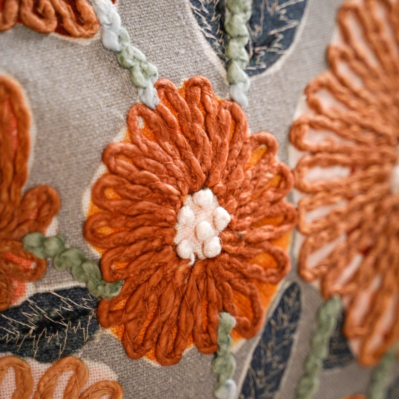 French Knot Embroidered Floral Cushion Cover 20x14 Inch