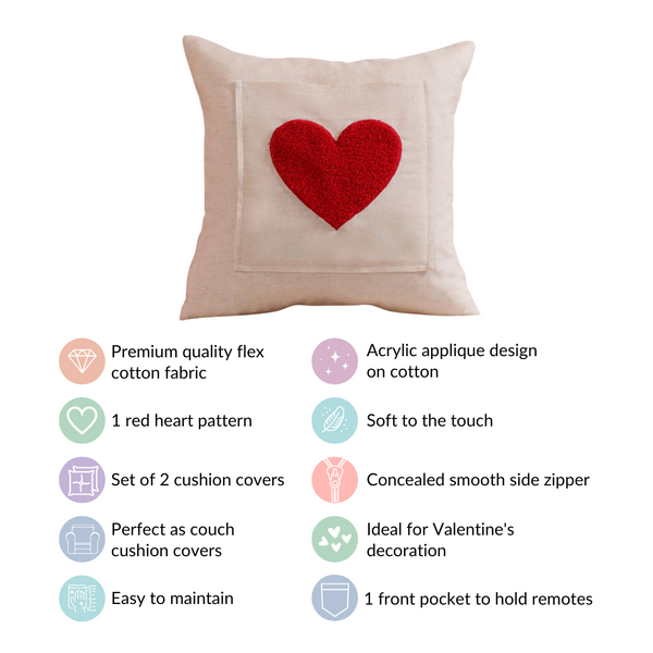 Set Of 2 Love Heart Linen Cushion Cover With Pocket 16x16 Inch