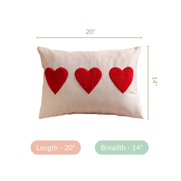 Heart Trio Fluffy Applique Cotton Cushion Cover 20x14 Inch