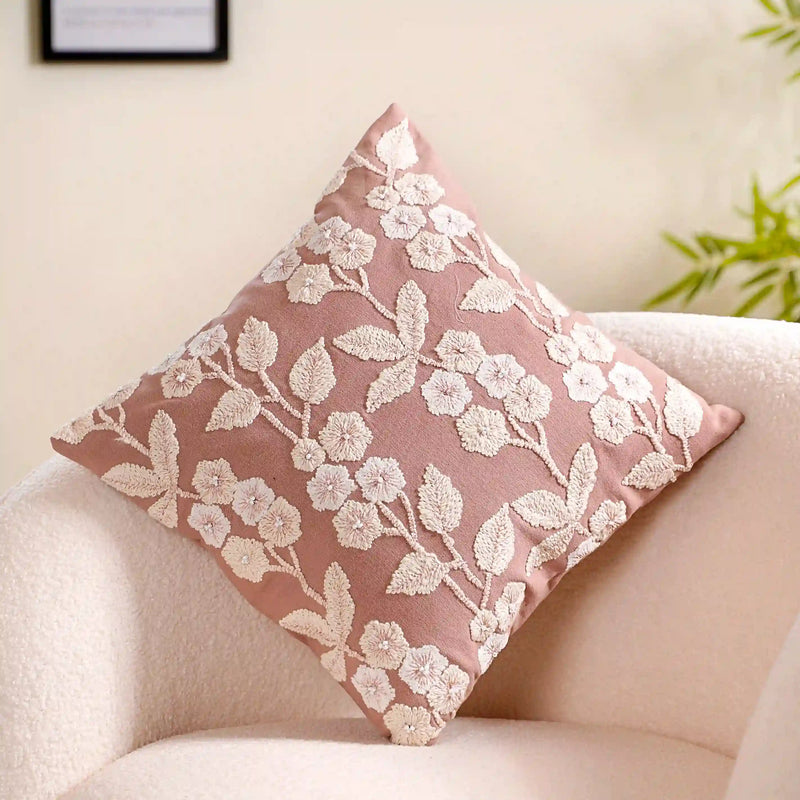 Cotton Cushion Cover With Threadwork Pink 16x16 Inch