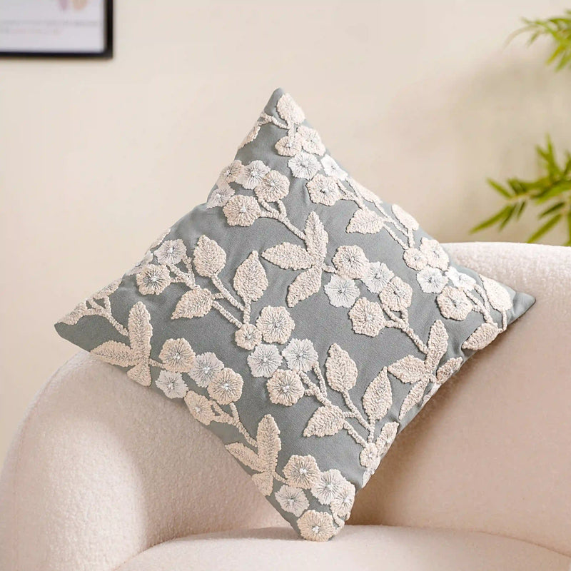Floral Threadwork Cushion Cover Grey 16x16 Inch