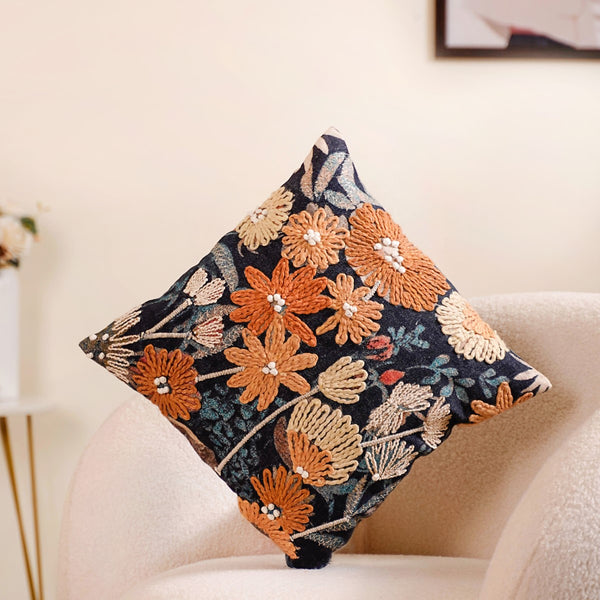 Embroidery on Print Floral Cushion Cover 16x16 Inch