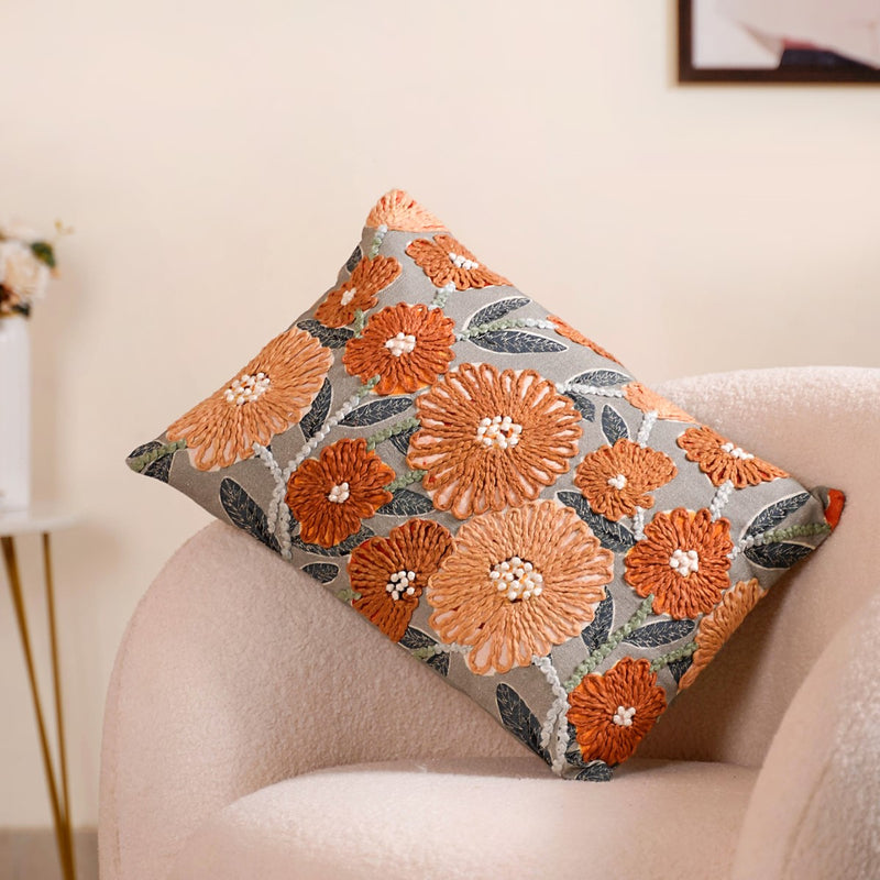 French Knot Embroidered Floral Cushion Cover 20x14 Inch