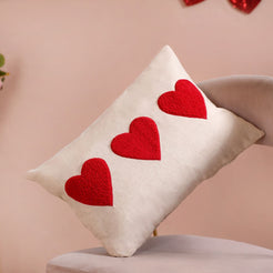 Heart Trio Fluffy Applique Cotton Cushion Cover 20x14 Inch