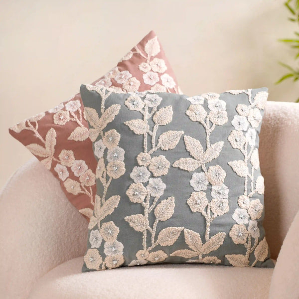 Floral Threadwork Cushion Cover Grey 16x16 Inch